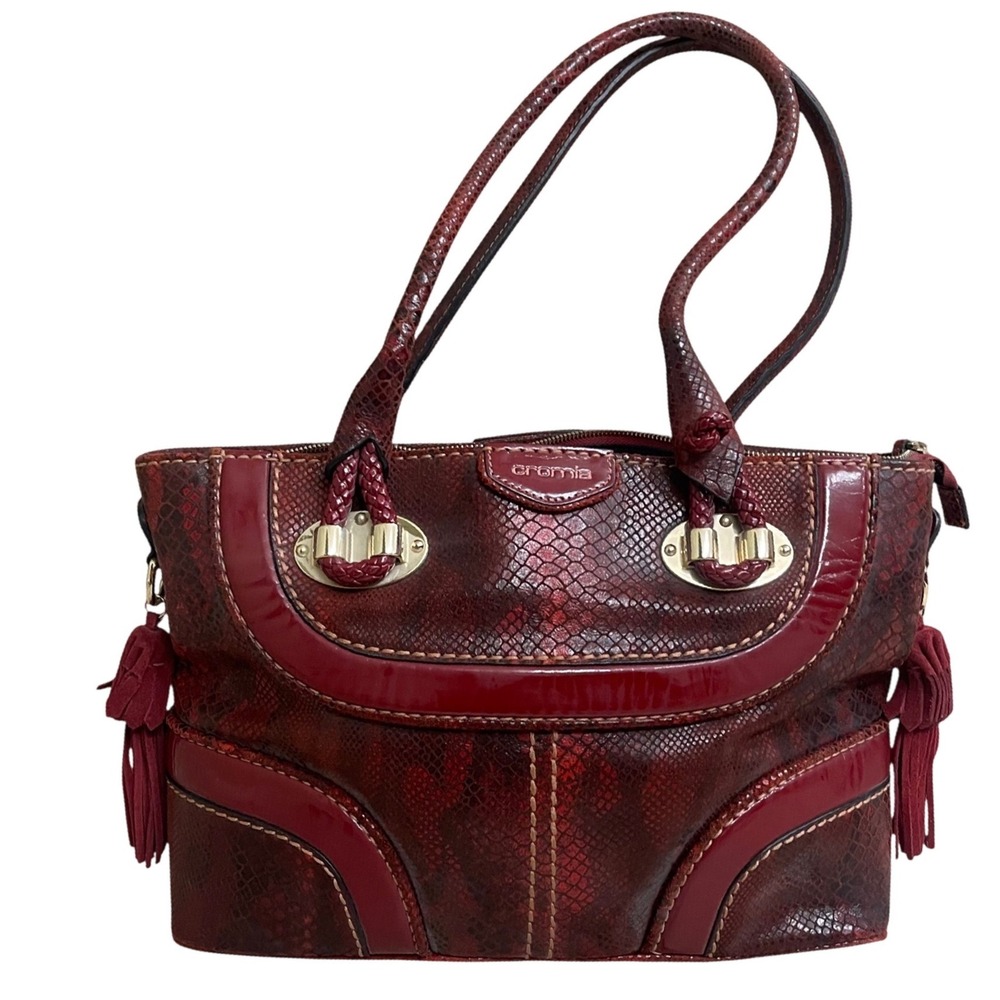 Cromia Italy Burgundy Snakeskin Leather Shoulder Bag Tassel Satchel" HAS PEELING